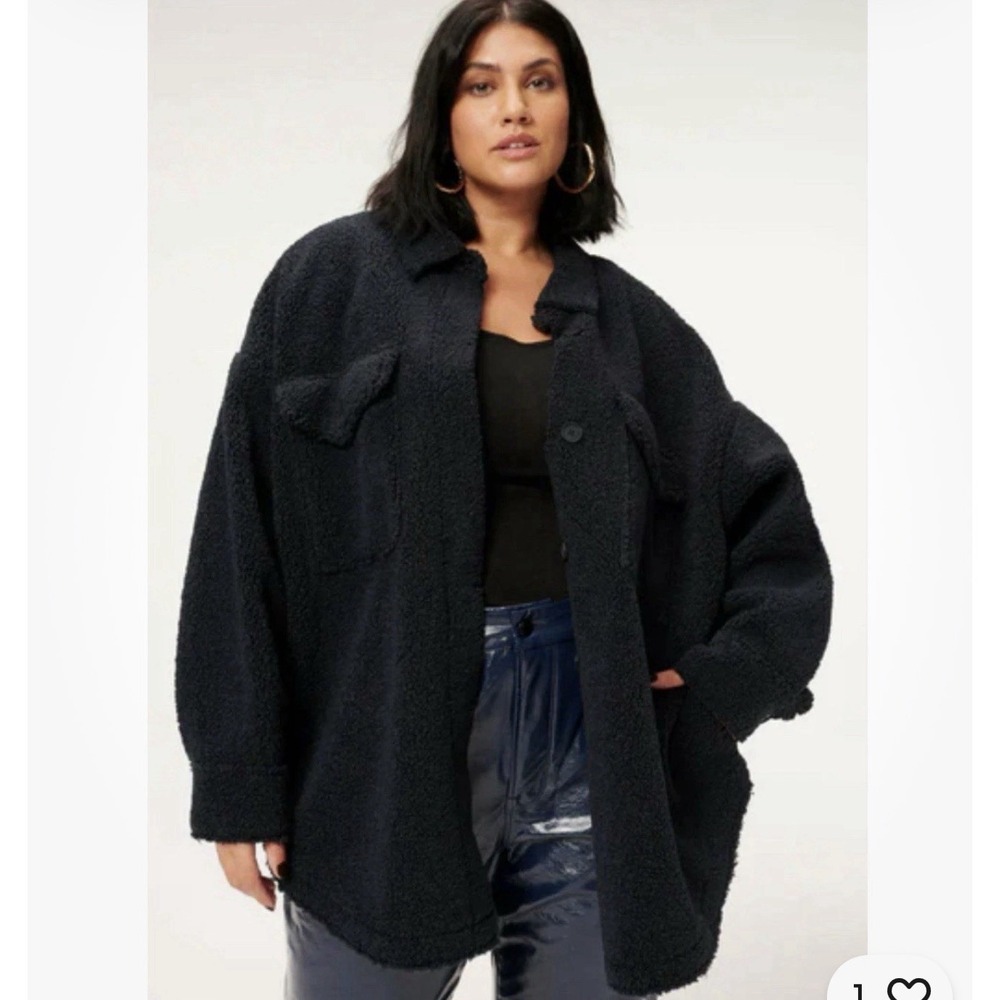 Good American Sherpa Shacket Jacket Midnight Black size 5/6 Faux Leather
